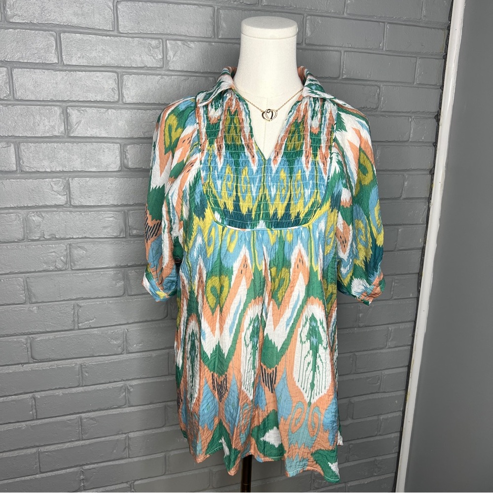 Gigio Multicolor Ikat Short Sleeve Multicolored Blouse Size Small